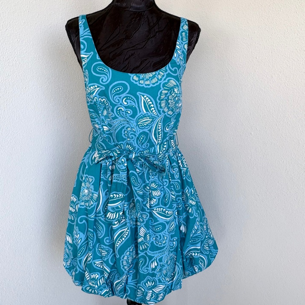 Jessica Simpson Paisley Bubble Hem Mini Sundress M Teal Blue